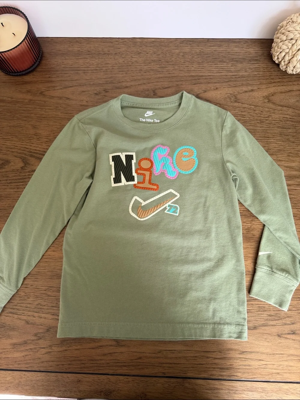 Nike Olive Green Long Sleeve Tee with Multicolor Patch Logo
